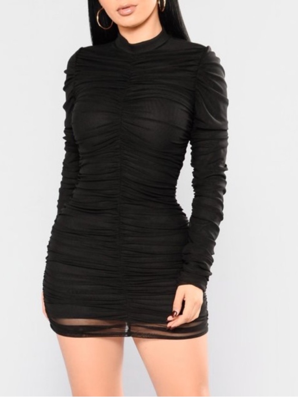 Fashion Nova Black Ruched Long Sleeve Midi Dress - Picture 4 of 5